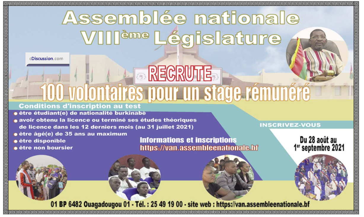 Assemblée Nationale du Burkina Faso recrute 100 Volontaires pour un stage rémunéré